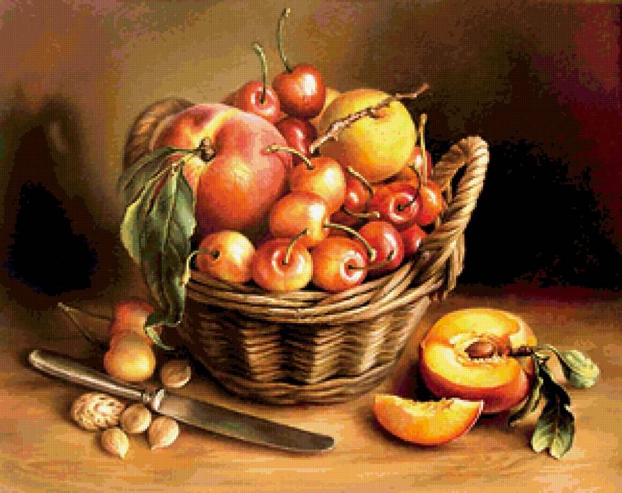 Корзинка с фруктами - натюрморт, персики, черешня, фрукты - предпросмотр