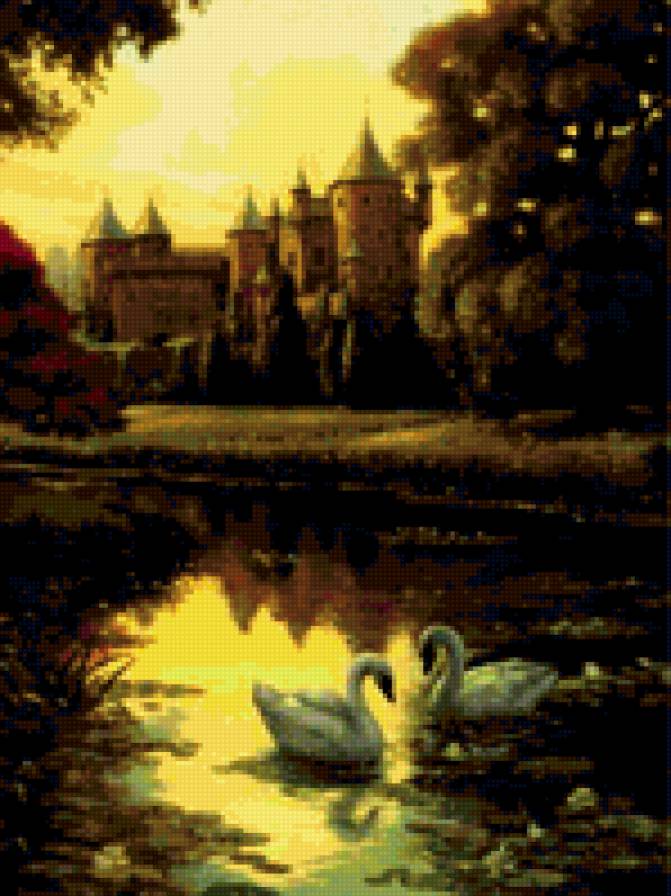 Лебединый пруд - лебеди, замок - предпросмотр