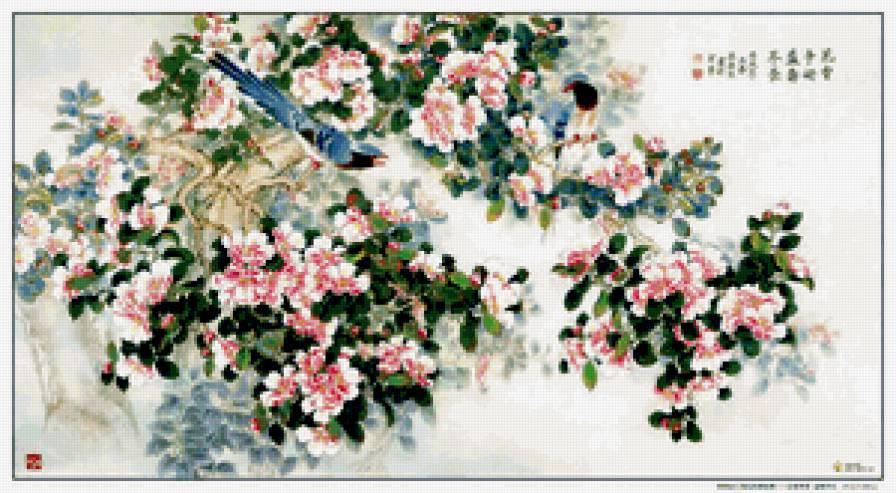 Яблоня и птицы - цветы, птицы, восток, яблоня, китай, ветка - предпросмотр