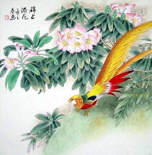 Желтый фазан - восток, цветы, птицы, фазаны, пионы, китай - оригинал