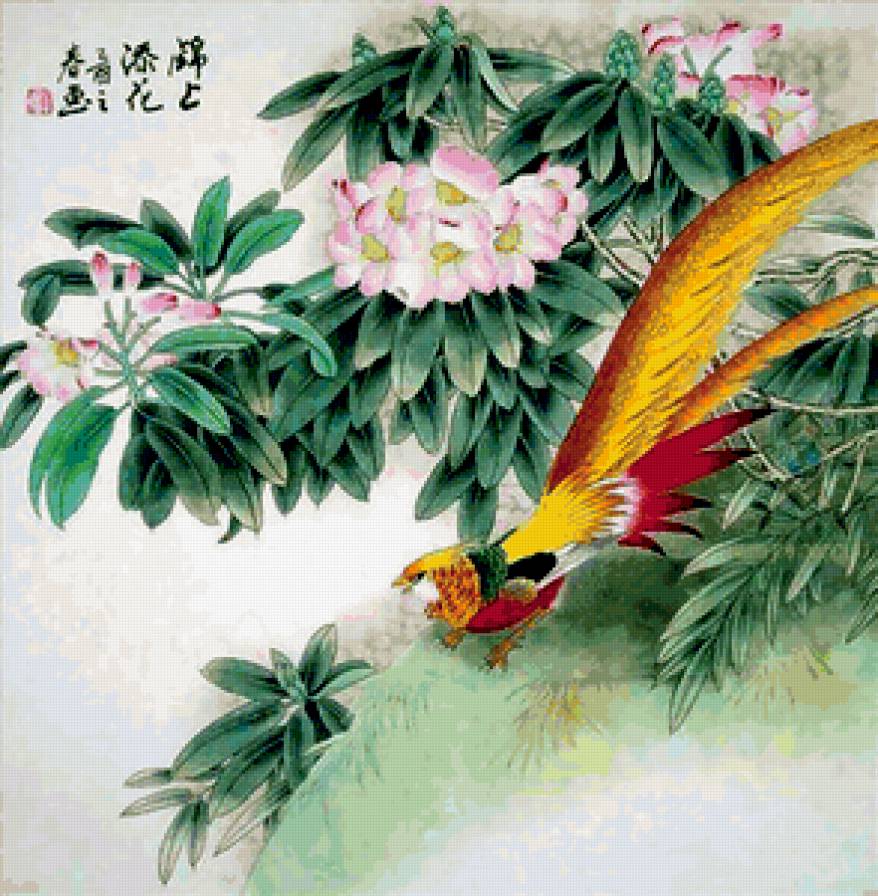 Желтый фазан - пионы, цветы, восток, фазаны, птицы, китай - предпросмотр