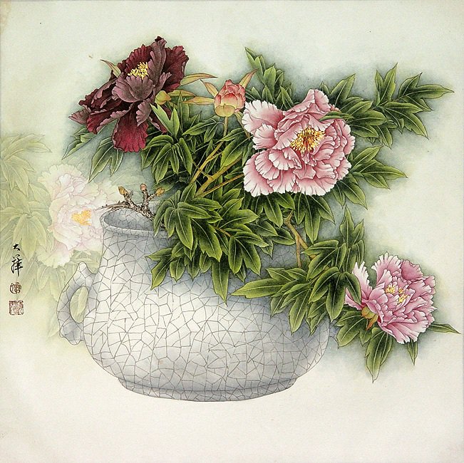 Пионы в треснувшей вазе - ваза, пионы, восток, китай, цветы - оригинал