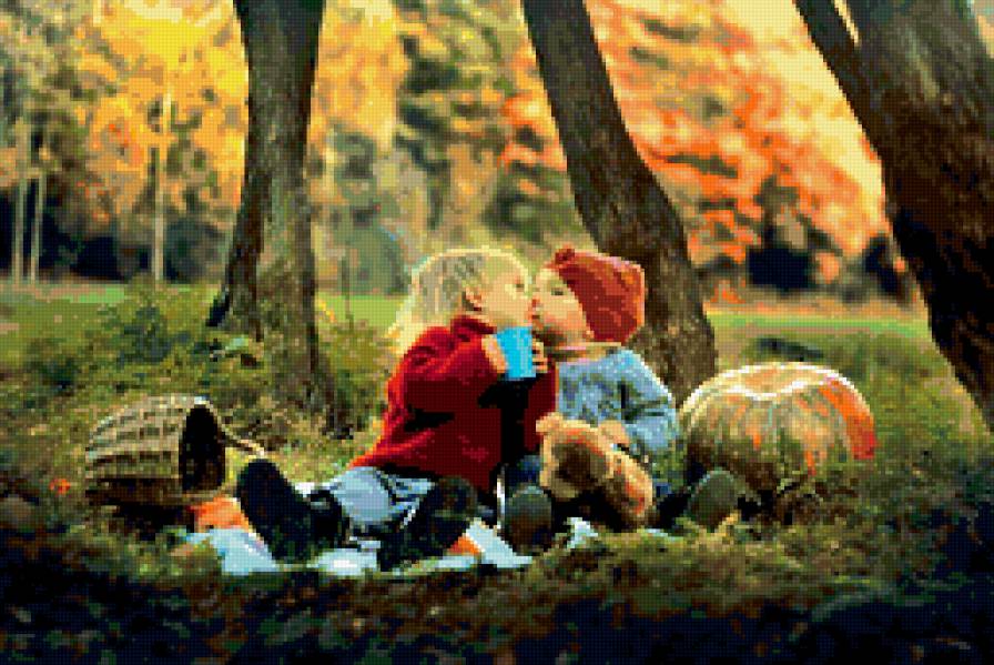 Первый поцелуй - поцелуй, пейзаж, лес, пикник, дети, природа, малыши - предпросмотр