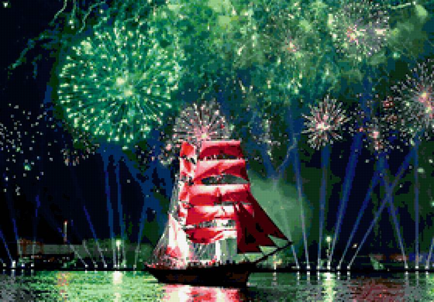 Алые паруса - салют, паруса, пейзаж, красота, ночь, санкт-петербург, река - предпросмотр