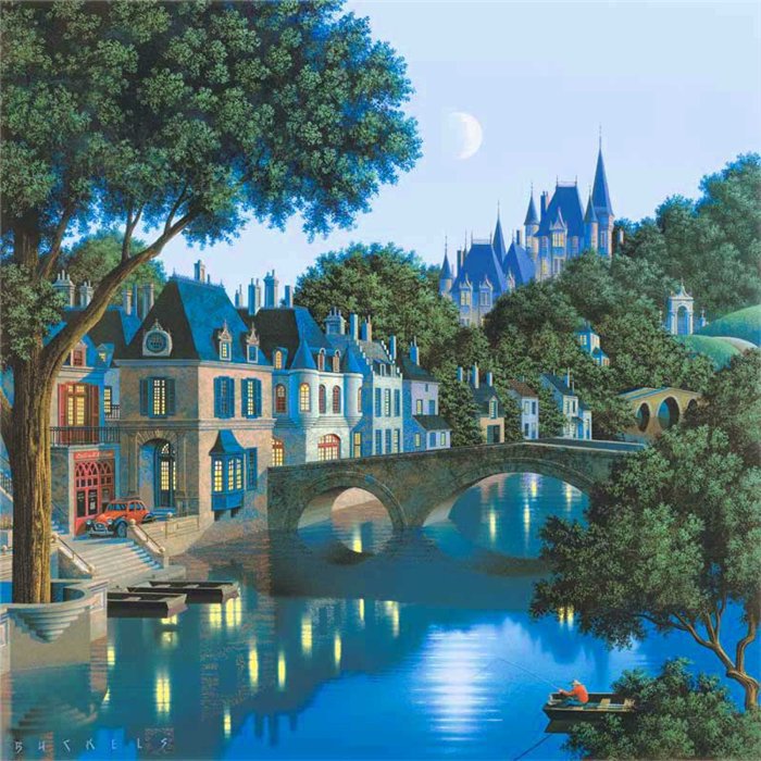 №173927 - дома, пейзаж, картина, мост, река - оригинал