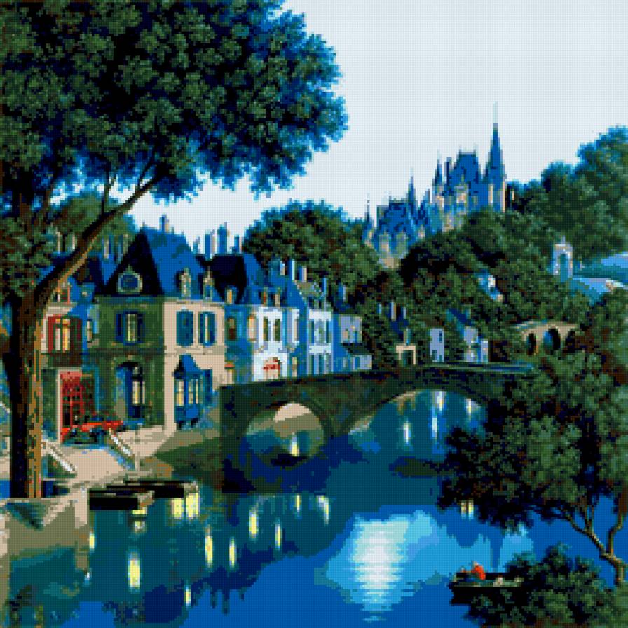 №173927 - дома, картина, мост, пейзаж, река - предпросмотр