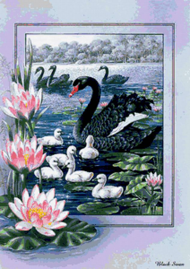 №173946 - река, картина, птицы, цветы, лебеди - предпросмотр