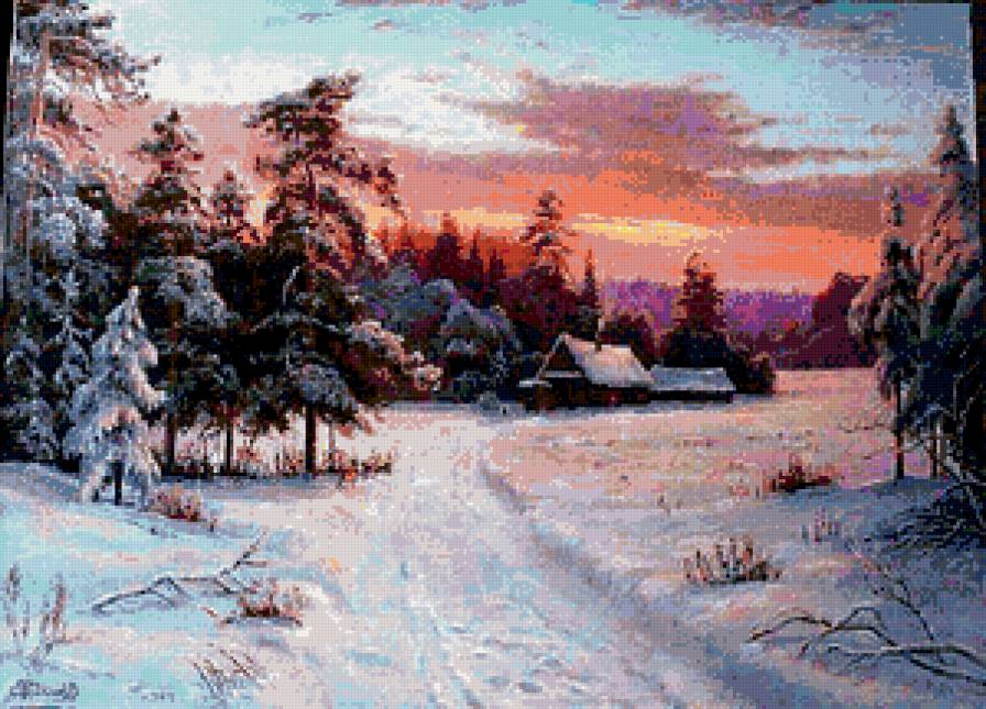 Зимняя дорога - лес, избушка, зима, пейзаж - предпросмотр