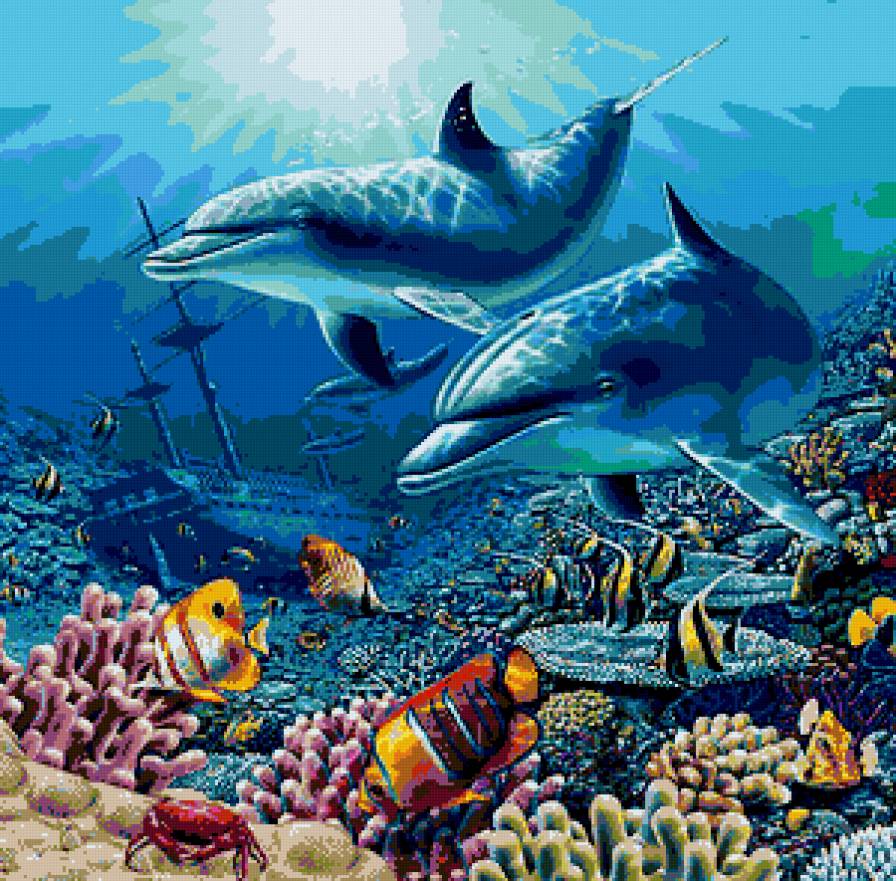 №174424 - море, дельфины, рыбки, корабль - предпросмотр