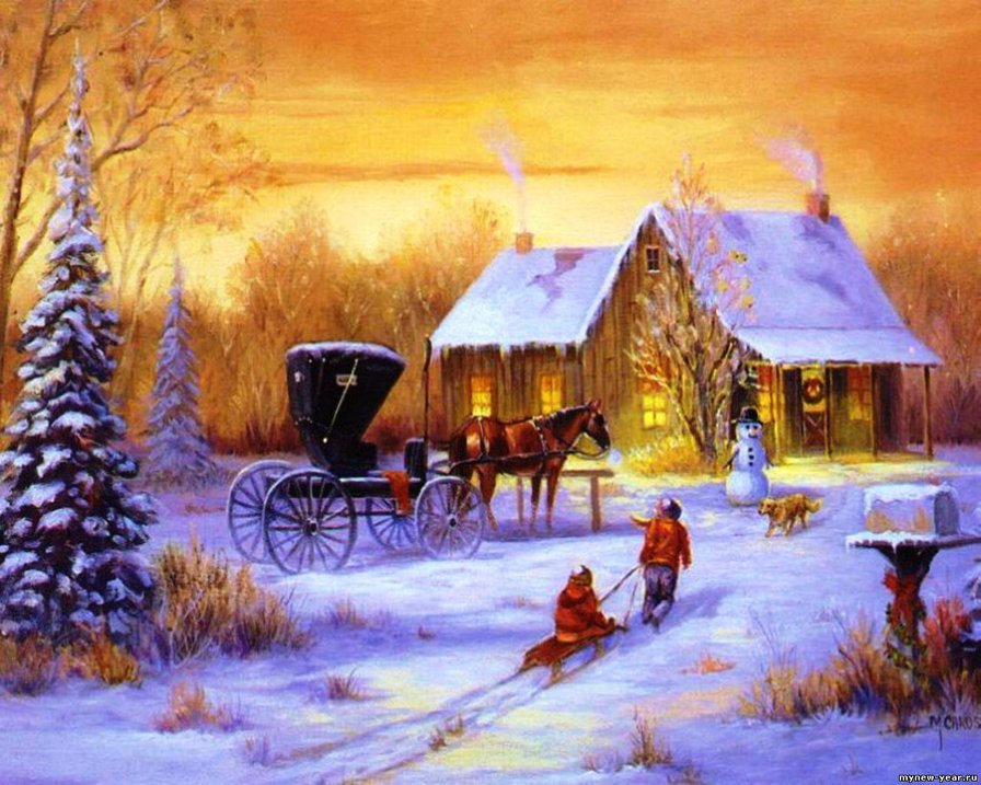 рождество - лошади, домик, новый год, дом, особняк, изба, коляска, карета - оригинал