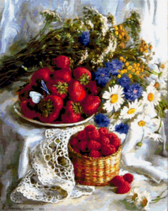 675678 - корзина, ромашки, розы, цветы, клубника, фрукты - предпросмотр