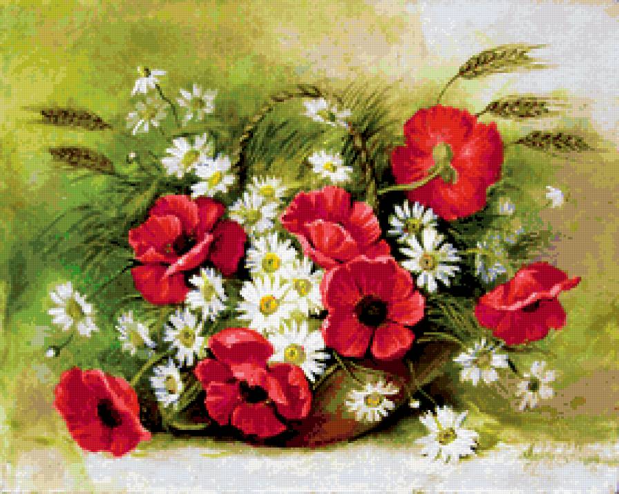 №174989 - букет, маки, ваза, ромашки, цветы - предпросмотр