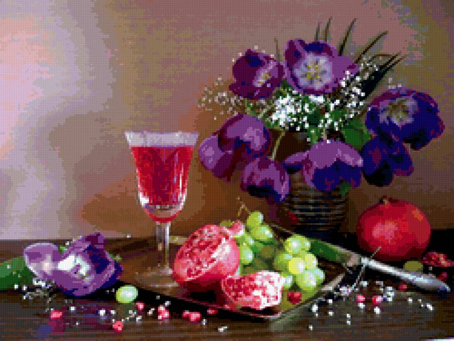 натюрморт - натюрморт, гранат, цветы - предпросмотр