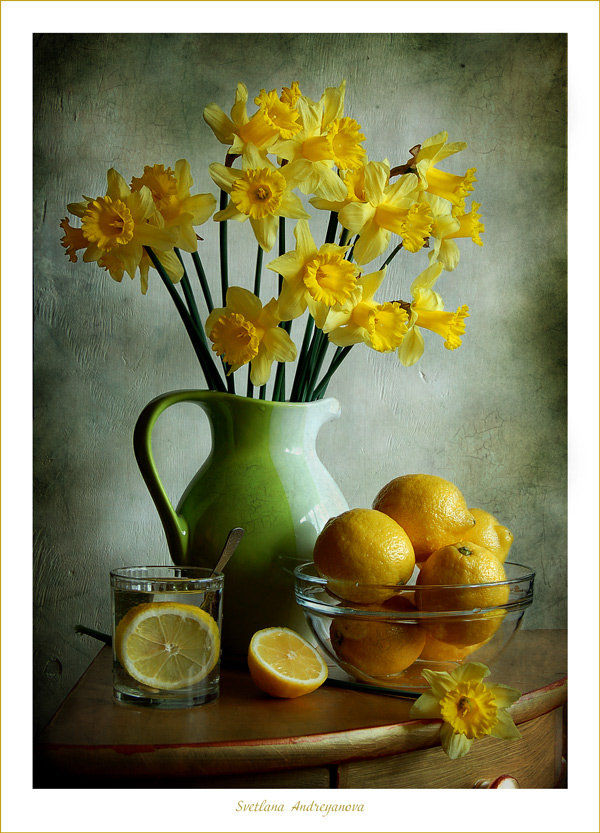натюрморт - лимоны, натюрморт, цветы - оригинал
