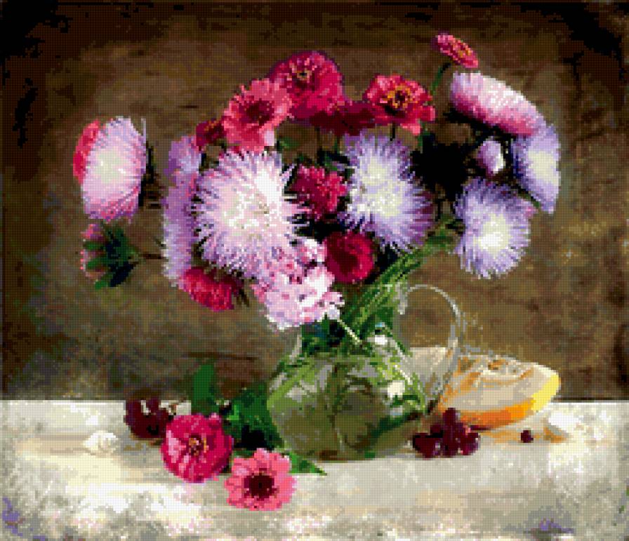 натюрморт - натюрморт, цветы, астры, цинии - предпросмотр