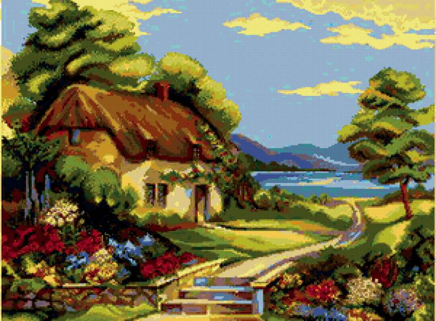 Домик у озера - дом, природа, пейзаж - предпросмотр