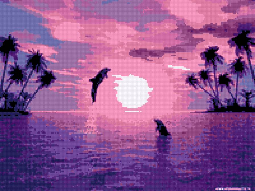 дельфинчики на закате - море, закат, дельфины - предпросмотр