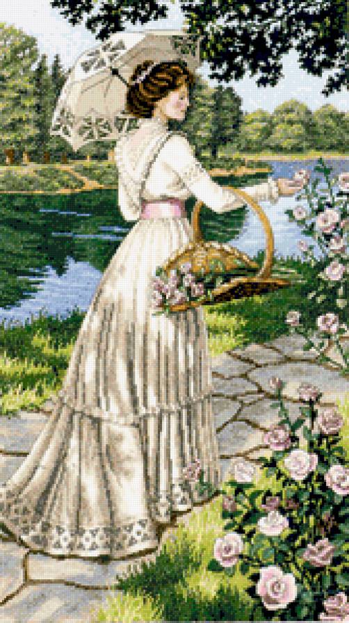 дама с зонтиком - река, дорога, природа, дама, зонтик, цветы, корзина - предпросмотр