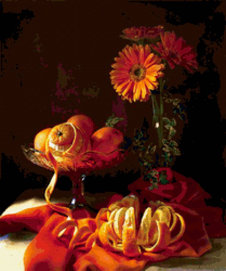 натюрморт - апельсины, натюрморт, герберы, цветы - предпросмотр