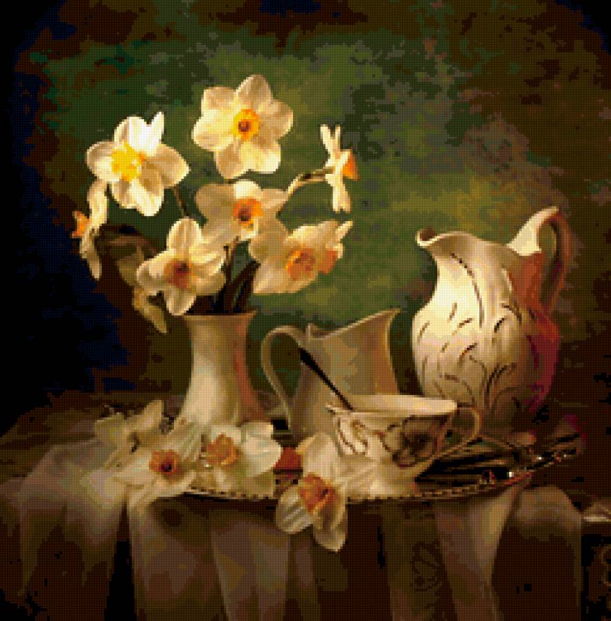 натюрморт - натюрморт, цветы, чай - предпросмотр