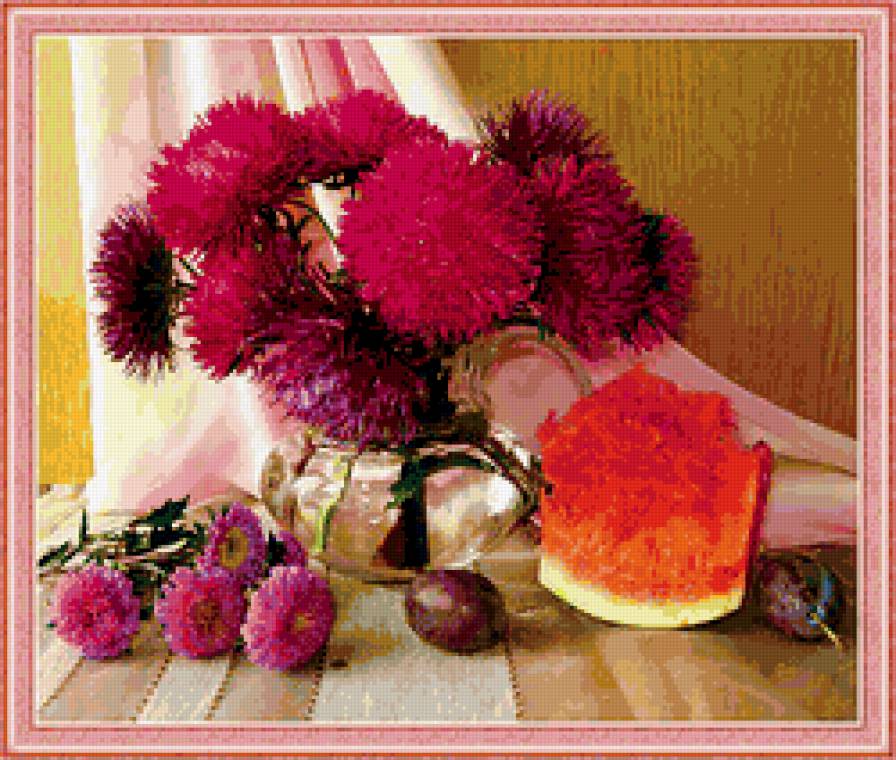 натюрморт - астры, цветы, натюрморт, арбуз - предпросмотр