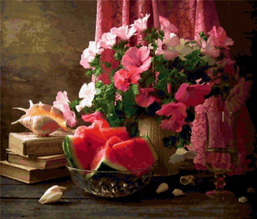 натюрморт - цветы, натюрморт, лаватера, книга, арбуз - предпросмотр