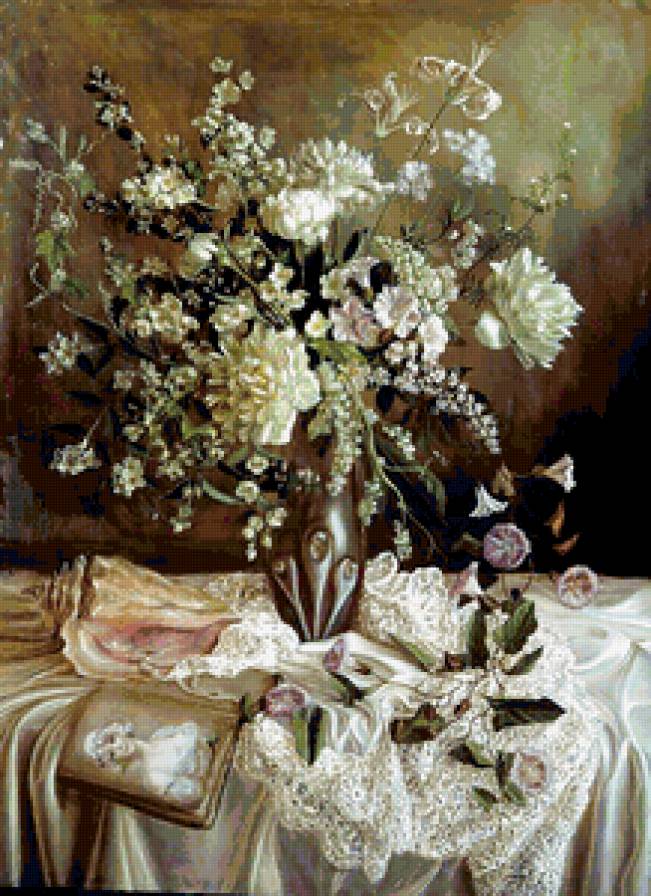 белые цветы - натюрморт, картина - предпросмотр