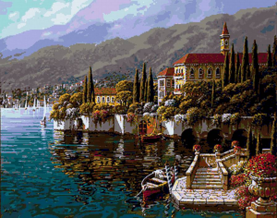 №177481 - картина, дома, море, горы, пейзаж, лодка - предпросмотр