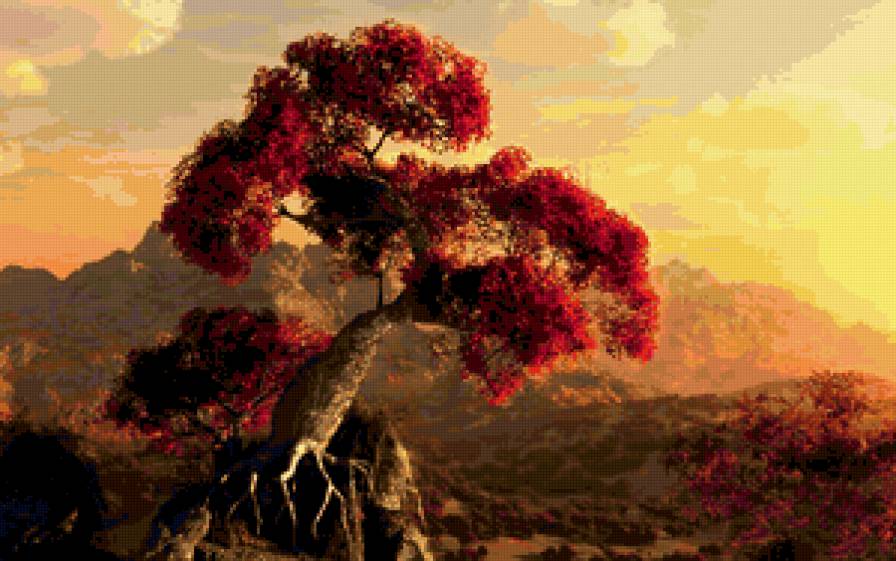 Восход - природа., восход, дерево, красота, горы - предпросмотр