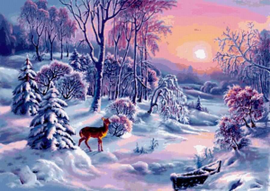 зимний вечер - природа, олень, пейзаж, зима - предпросмотр