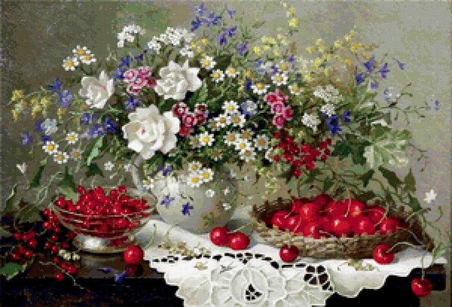 №178015 - ваза, ягоды, черешни, букет, цветы - предпросмотр