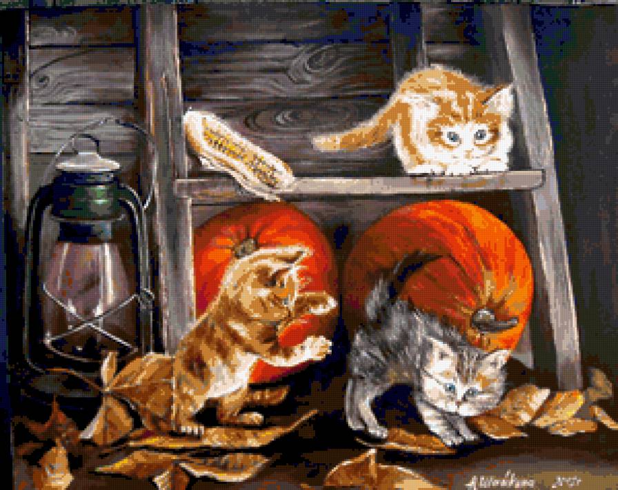 Пушистые проказники - кошки, детки, кошка, малыши, тыква, животные, котята - предпросмотр