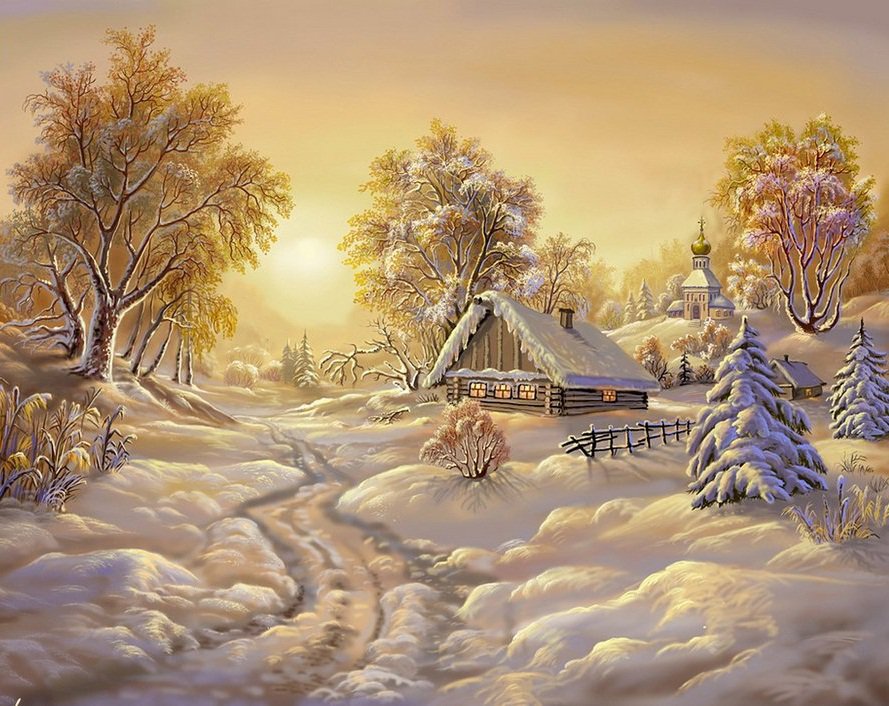 Зима - снег, утро, деревня - оригинал