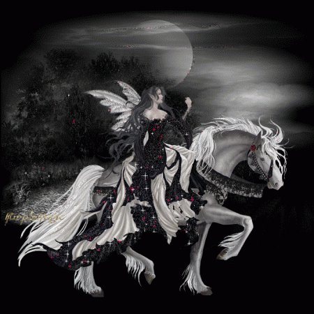 на черном фоне - лошадь, ночь, девушка, сказка, магия, эльф, фентези - оригинал