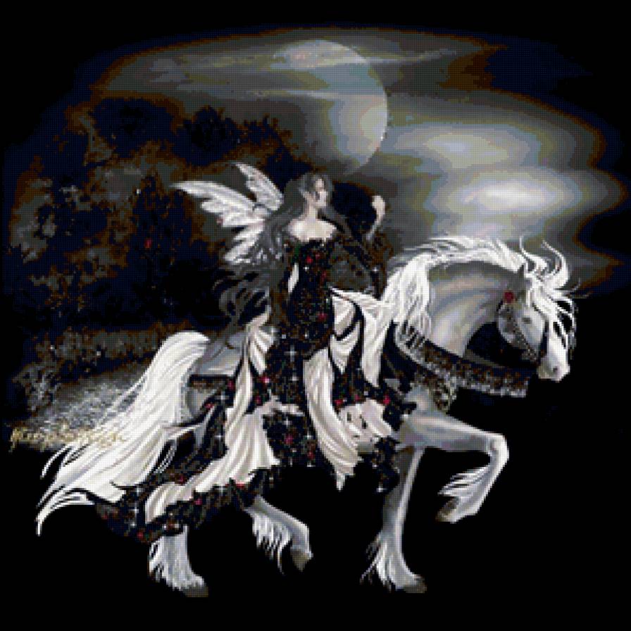 на черном фоне - магия, эльф, девушка, ночь, лошадь, сказка, фентези - предпросмотр