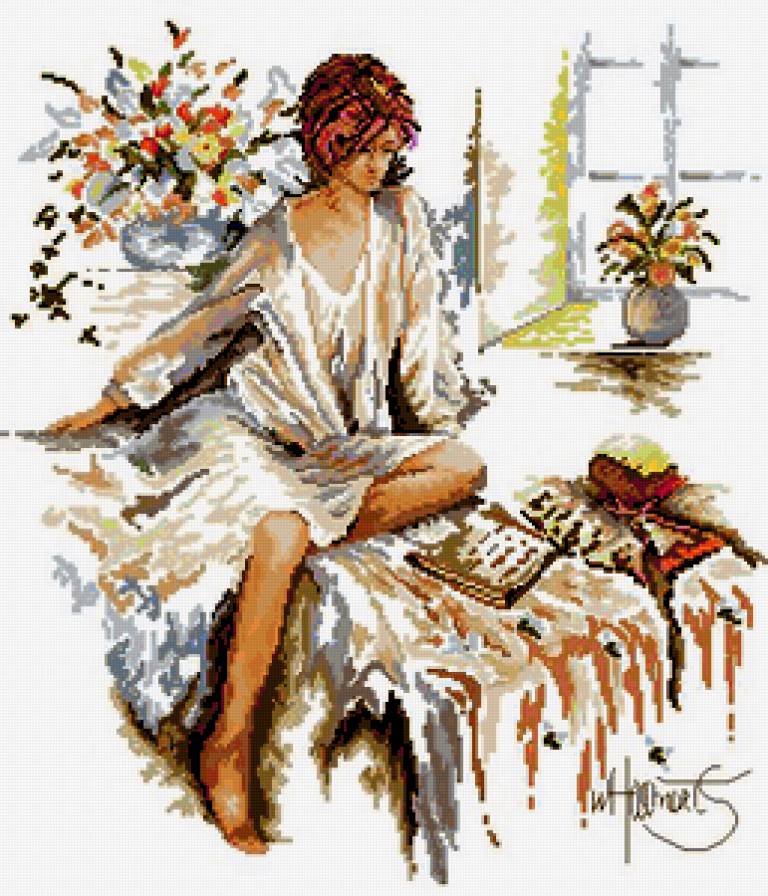 на постеле - девушка, комната, кровать, окно, книга - предпросмотр