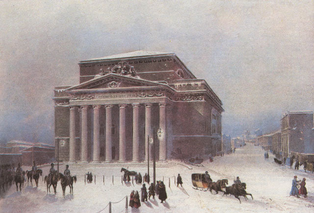 СЕРИЯ "МОСКВА ДВОРЯНСКАЯ". БОЛЬШОЙ ТЕАТР В МОСКВЕ - театр, люди, зима, экипажи, лошади, снег, сани, москва - оригинал