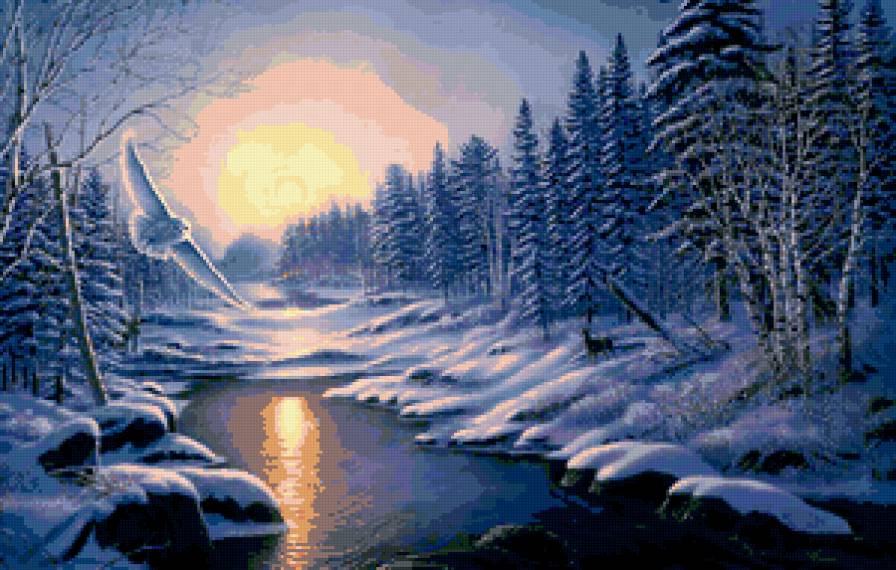 белая сова на закате - пейзаж, зима, ночь, сова, река, ели, закат, деревья, вечер - предпросмотр