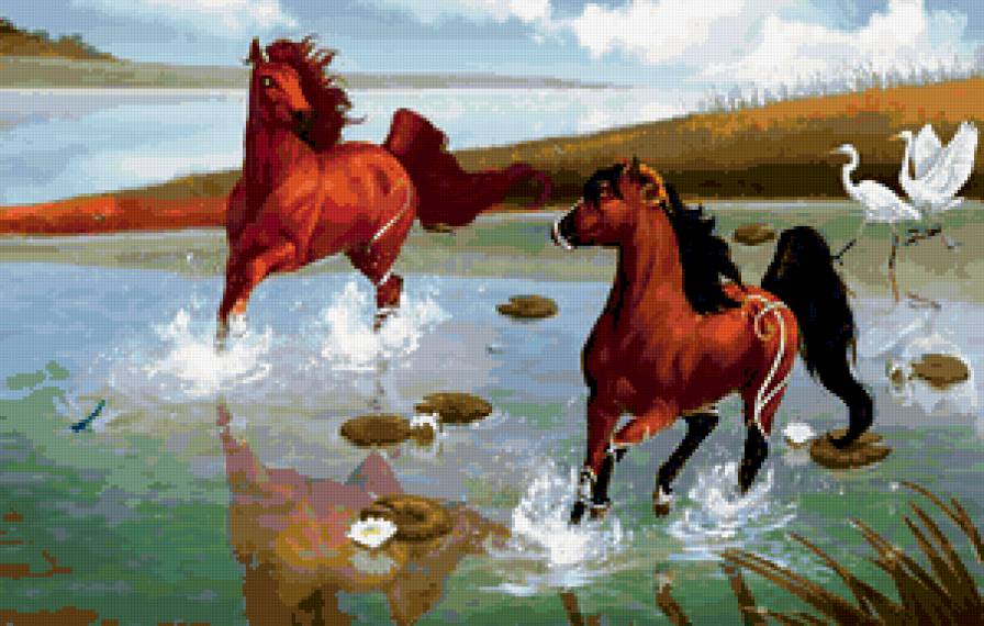 Пара мифических лошадей - журавли, река, пейзаж, лошади - предпросмотр