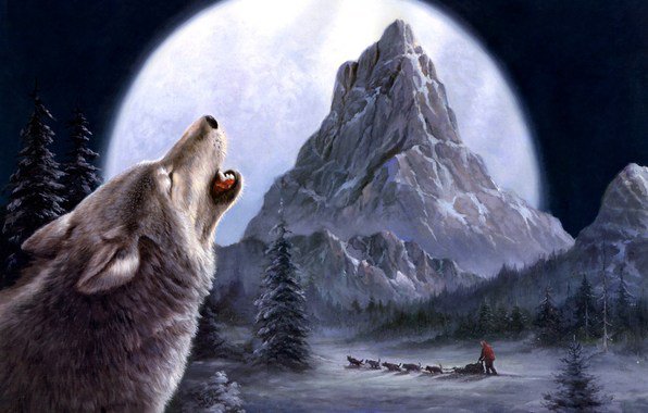вой волка - ночь, волк, гора, зима, пейзаж, луна - оригинал