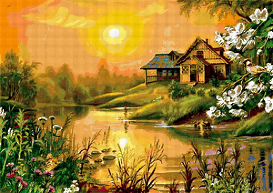 весна - пейзаж, река, домик - предпросмотр