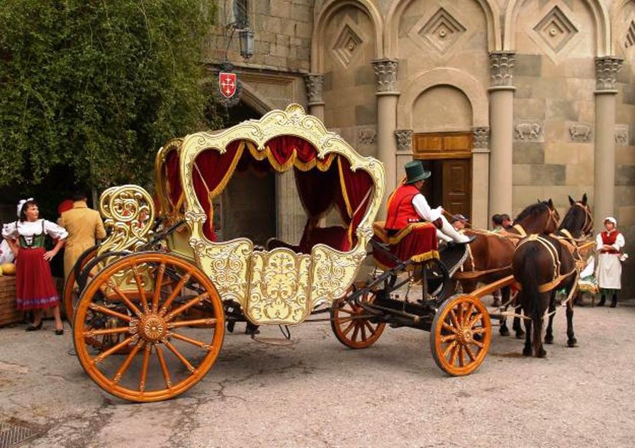 средневековье - замок, коляска, карета, кареты, упряжка, лошади, экипаж - оригинал