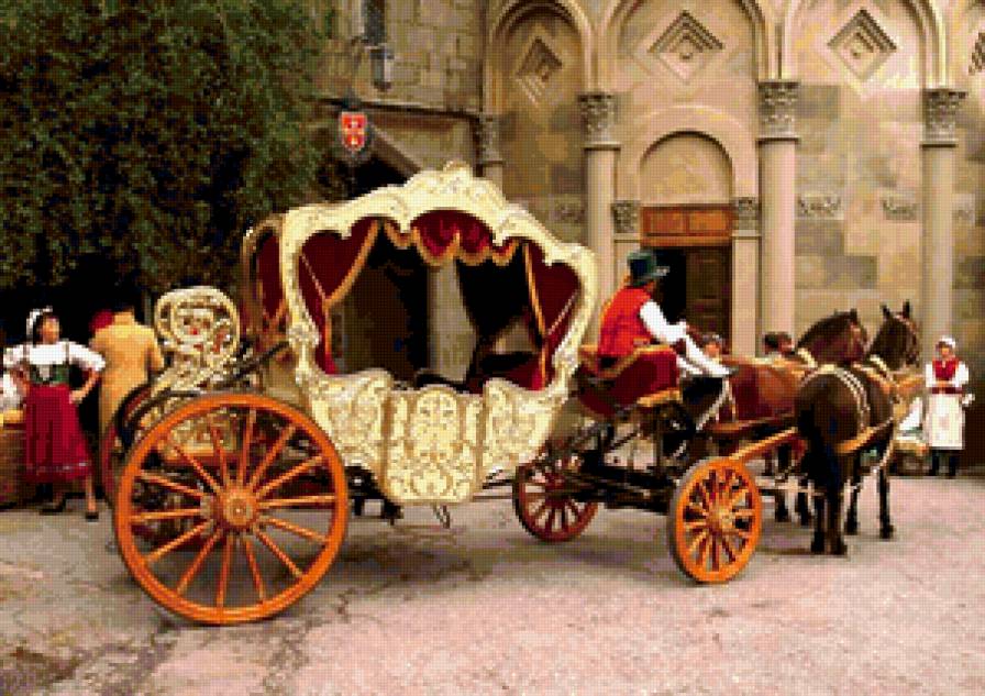 средневековье - коляска, кареты, лошади, замок, упряжка, экипаж, карета - предпросмотр