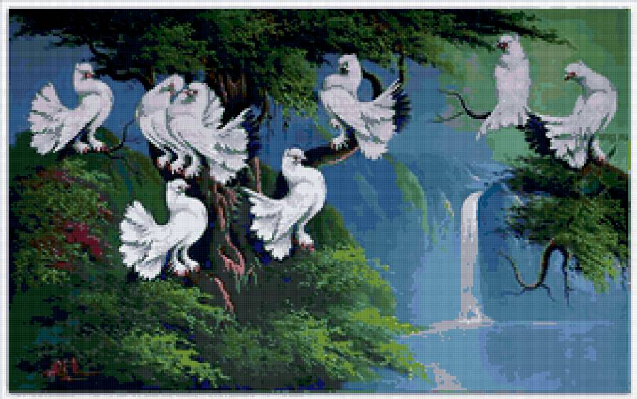 голуби - пейзаж, водопад, голуби - предпросмотр