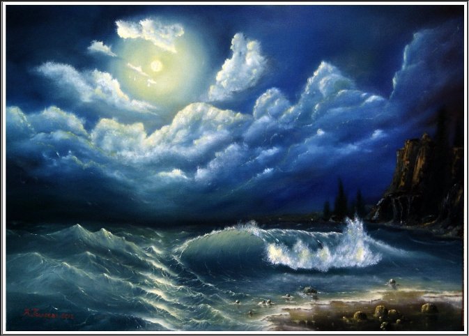 морской пейзаж - пейзаж, берег, волна, море, луна, облака, скала - оригинал