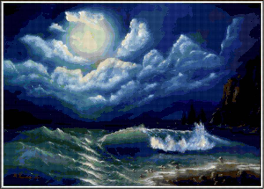 морской пейзаж - волна, скала, луна, берег, облака, пейзаж, море - предпросмотр