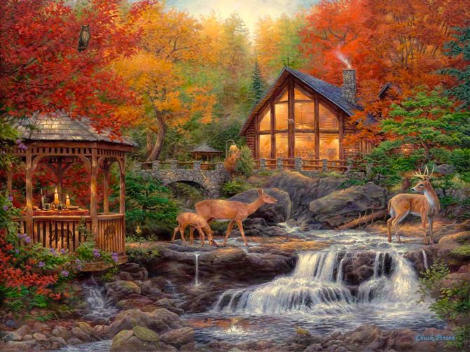 №180219 - река, животные, картина, дом, осень, природа - оригинал