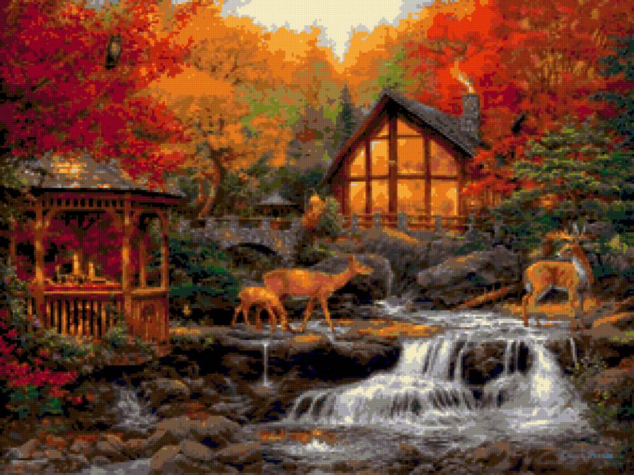 №180219 - животные, дом, река, природа, картина, осень - предпросмотр