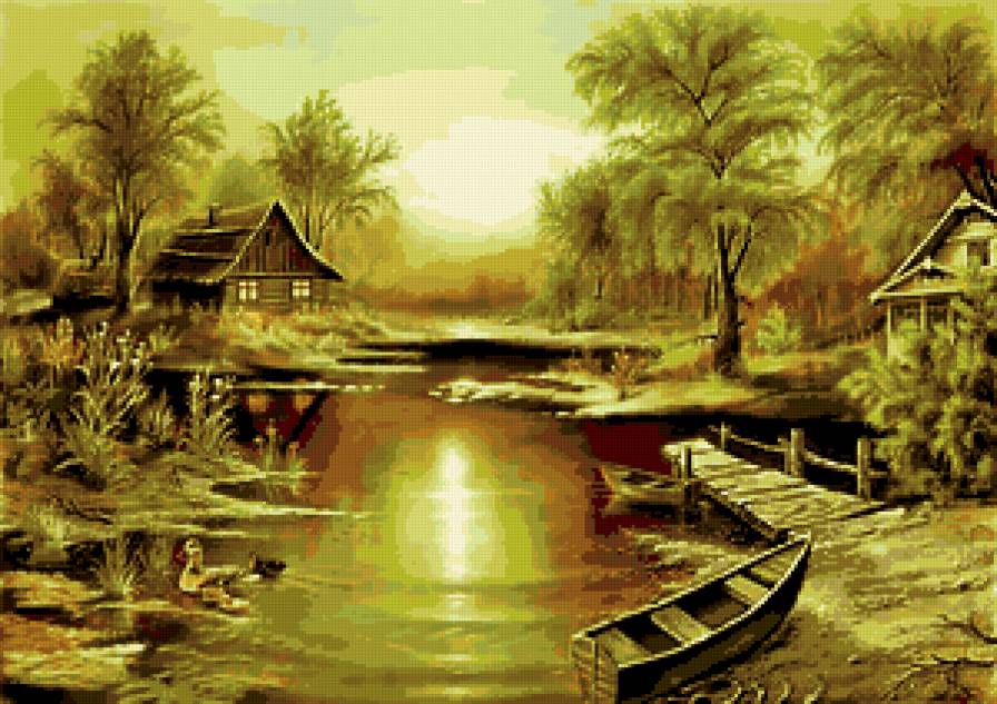 летний вечер - река, деревья, домик, утки - предпросмотр