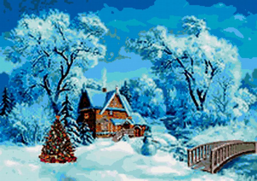 зима - зима, снег, река, елки, лес, пейзаж, домик - предпросмотр